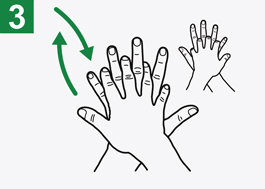 Frótese la palma de la mano derecha contra el dorso de la mano izquierda entrelazando los dedos y viceversa;